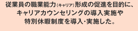 従業員の職業能力（キャリア）形成の促進を目的に、キャリアカウンセリングの導入実施や特別休暇制度を導入・実施した。