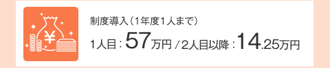 制度導入（1年度1人まで）1人目 ： 57万円/2人目以降 ：14.25万円